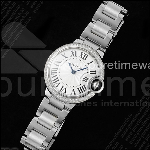 까르띠에 발롱 블루 33mm AF 1:1 베스트 에디션 화이트 다이얼 다이아몬드 베젤 스테인리스 스틸 브레이슬릿 론다 쿼츠 시계