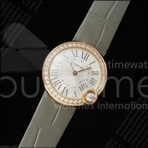 까르띠에 발롱 블랑 30mm RG AF 1:1 베스트 에디션 실버 다이얼 다이아몬드 베젤 그레이 패브릭 스트랩 론다 쿼츠
