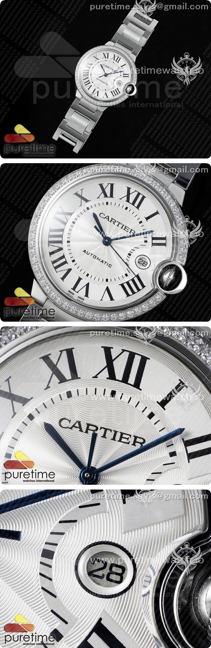 까르띠에 발롱 블루 42mm 스테인리스 스틸 CHF 1:1 베스트 에디션 화이트 텍스처 다이얼 1라인 다이아몬드 베젤 스테인리스 스틸 브레이슬릿 A2824 상세이미지 2
