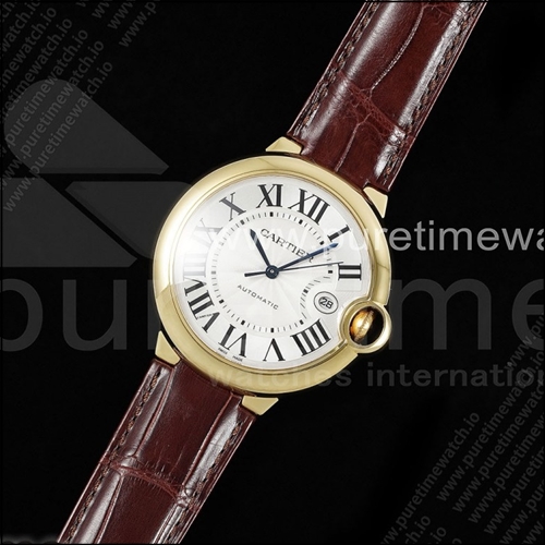 까르띠에 발롱 블루 42mm 옐로우 골드 AF 1:1 베스트 에디션 화이트 텍스처 다이얼 브라운 가죽 스트랩 A2824 V5