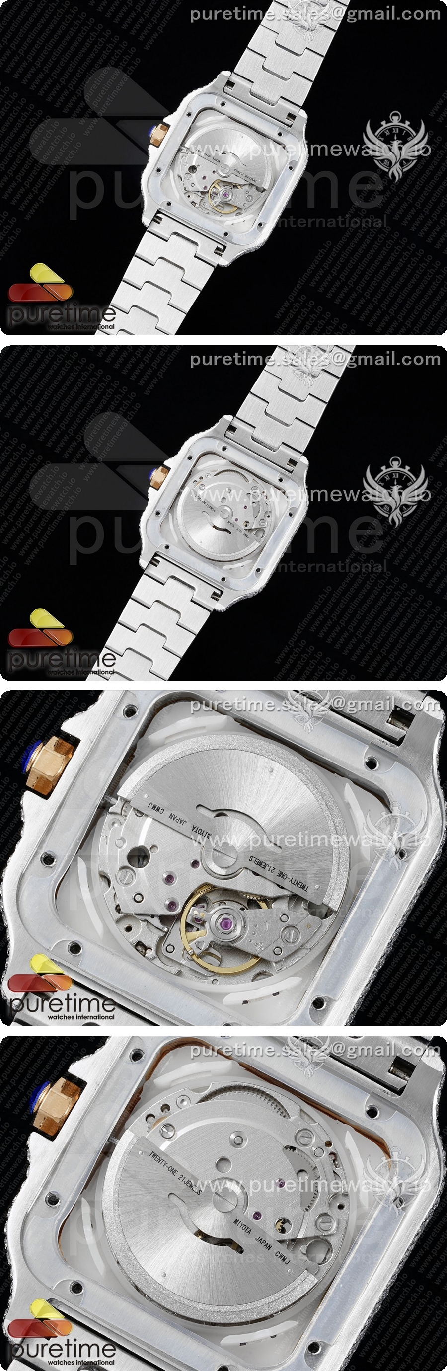 까르띠에 산토스 40mm 풀 다이아몬드 스테인리스 스틸/로즈골드 TWF 베스트 에디션, 로즈 골드 다이아몬드, 컬러풀 로마 숫자 다이얼, 브레이슬릿, 미요타 9015 상세이미지 5