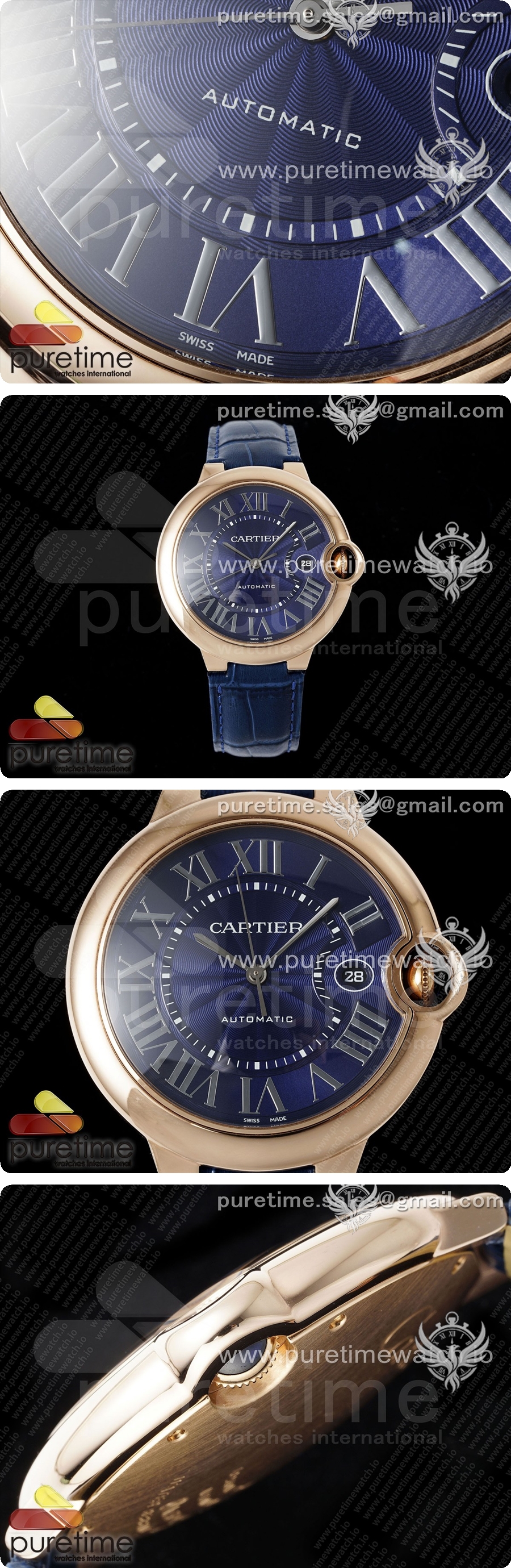까르띠에 발롱블루 42mm 로즈골드 AF 1:1 블루 텍스처 다이얼, 블루 가죽 스트랩 A2824 V5 상세이미지 3