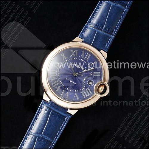 까르띠에 발롱블루 42mm 로즈골드 AF 1:1 블루 텍스처 다이얼, 블루 가죽 스트랩 A2824 V5